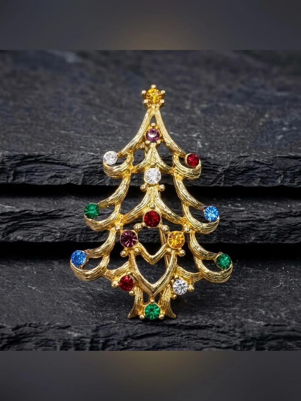 Vintage 80s Monet Openwork Multicolor Rhinestone Gold Tone Christmas Tree Brooch